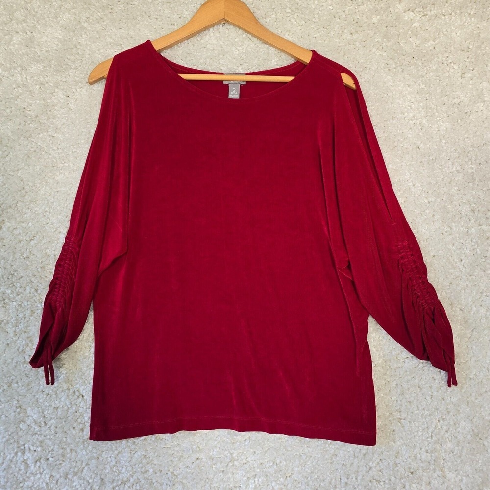 Chicos Travelers Womens Cold Shoulder Ruched Top Red Size Large Holiday‎ Party